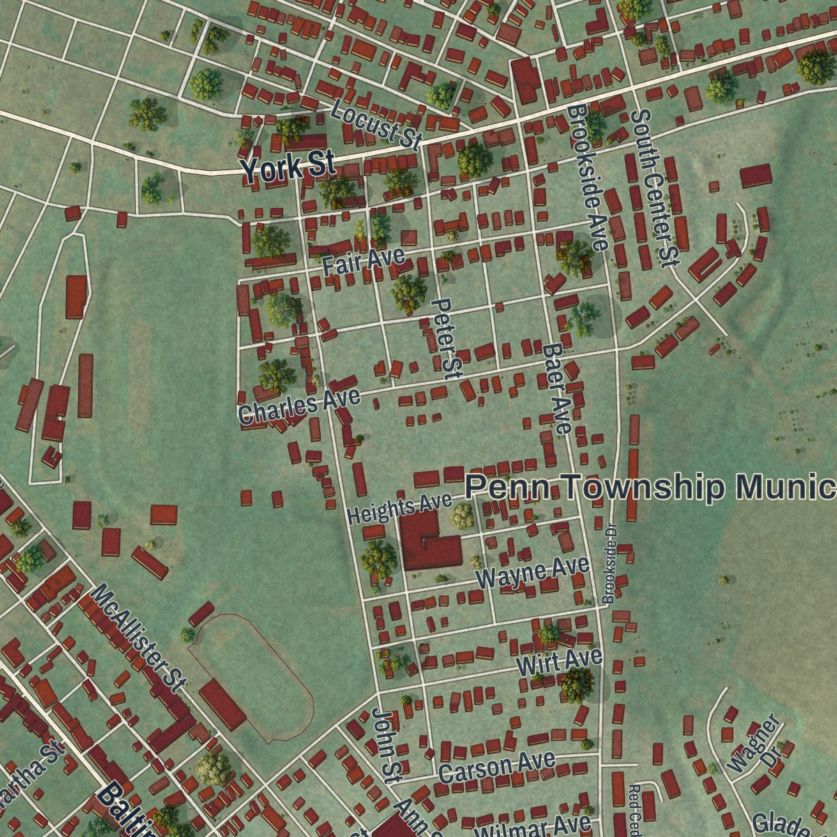 Close-up of the map of Parkville, Pennsylvania print showing street and building detail
