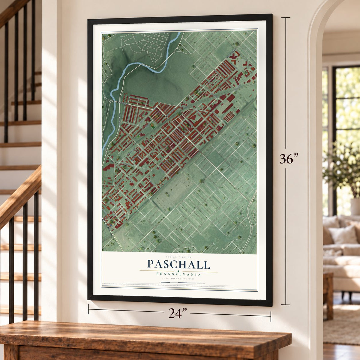 Paschall, Pennsylvania map, 24 x 36 inch print in a black frame by a staircase