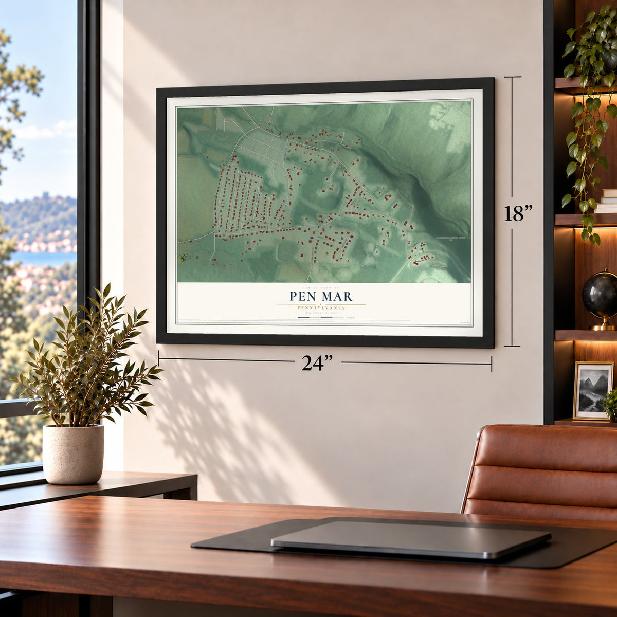 Pen Mar, Pennsylvania map, 18 x 24 inch print in a black frame in a home office