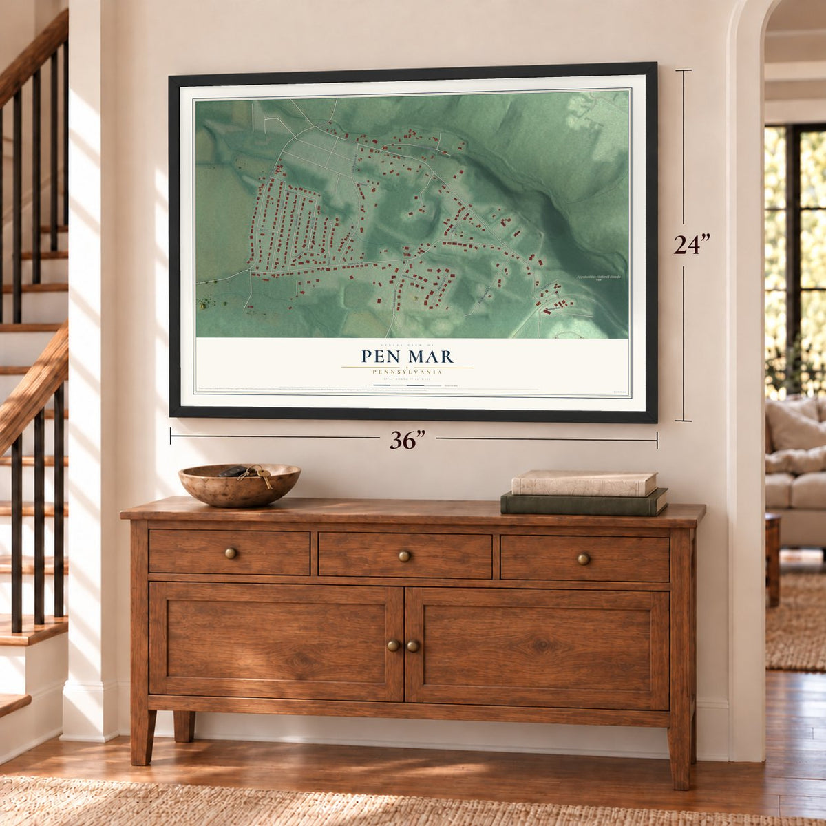 Pen Mar, Pennsylvania map, 24 x 36 inch print in a black frame above a dresser by a staircase