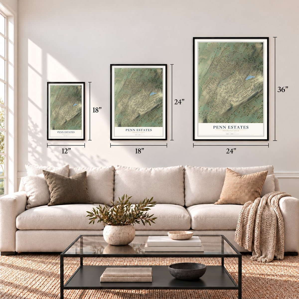 Penn Estates, Pennsylvania map in 12 x 18, 18 x 24 and 24 x 36 inch sizes above a sofa