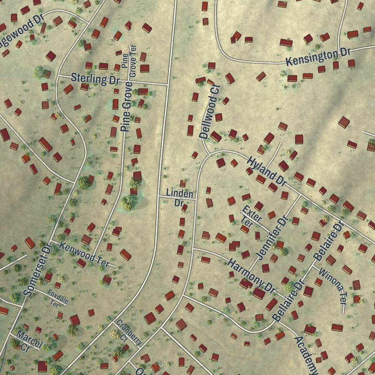 Close-up of the map of Penn Estates, Pennsylvania print showing street and building detail