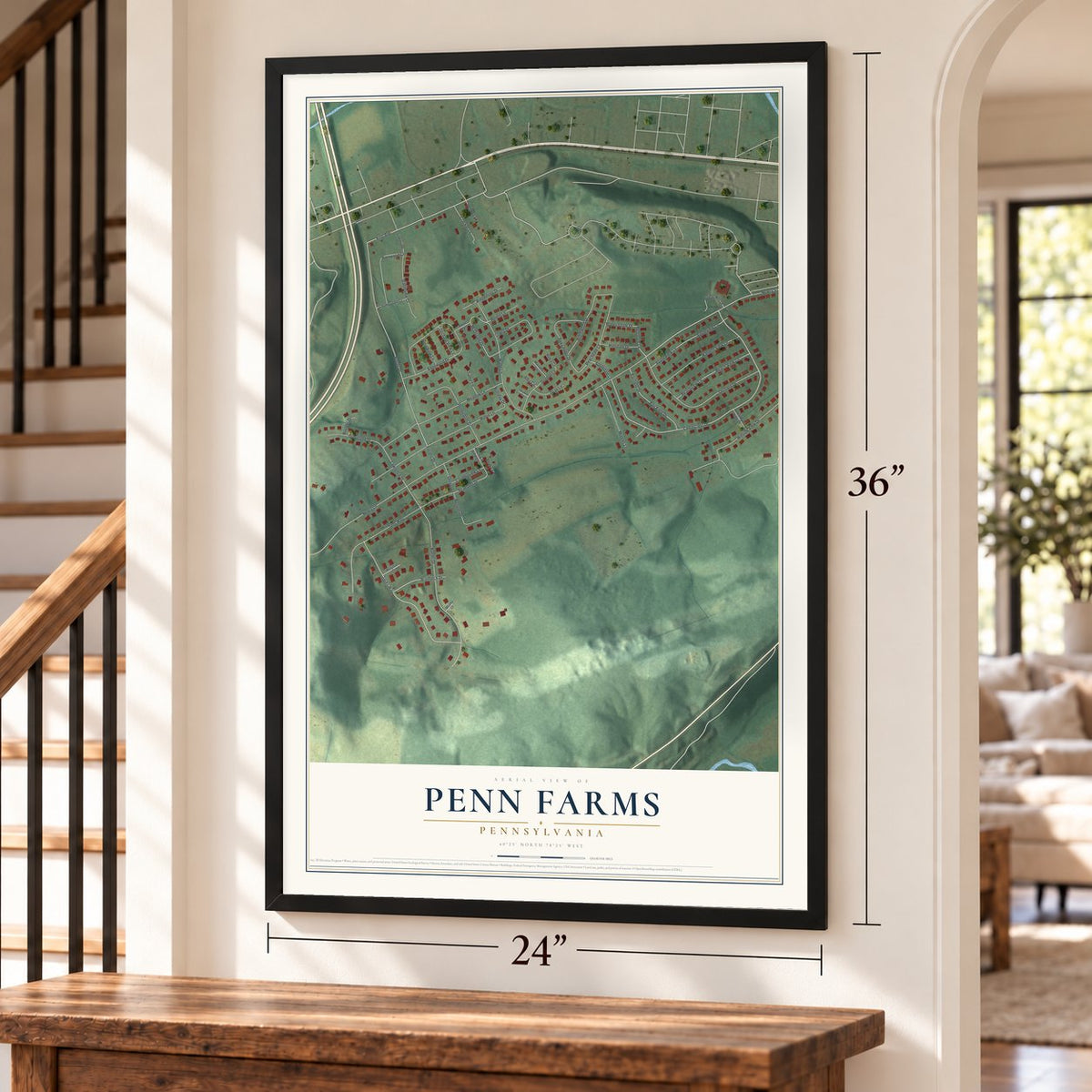 Penn Farms, Pennsylvania map, 24 x 36 inch print in a black frame by a staircase