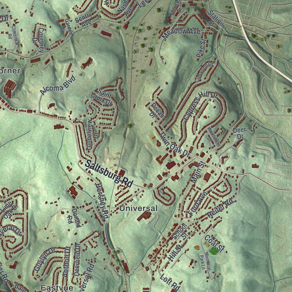 Second close-up of the map of Penn Hills, Pennsylvania print showing more streets and buildings