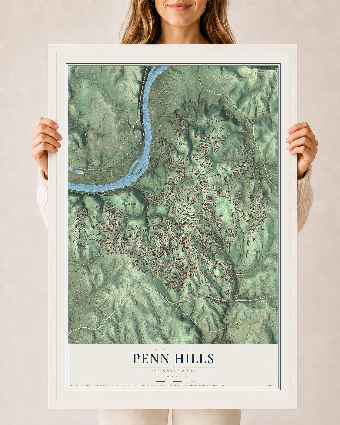 Map of Penn Hills, Pennsylvania, 24 x 36 inch print in a white wood frame