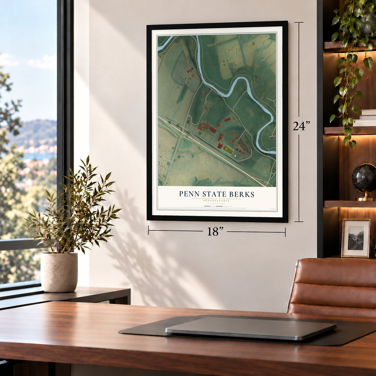 Penn State Berks, Pennsylvania map, 18 x 24 inch print in a black frame in a home office