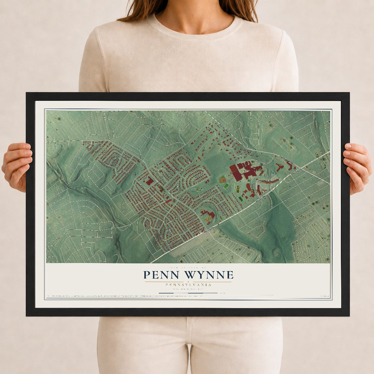 Map of Penn Wynne, Pennsylvania, 12 x 18 inch print in a black wood frame