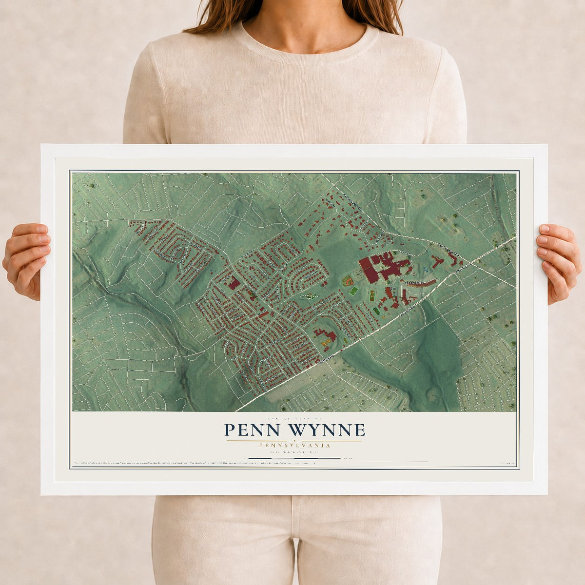 Map of Penn Wynne, Pennsylvania, 12 x 18 inch print in a white wood frame