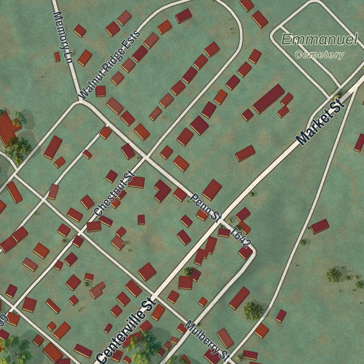 Close-up of the map of Penns Creek, Pennsylvania print showing street and building detail