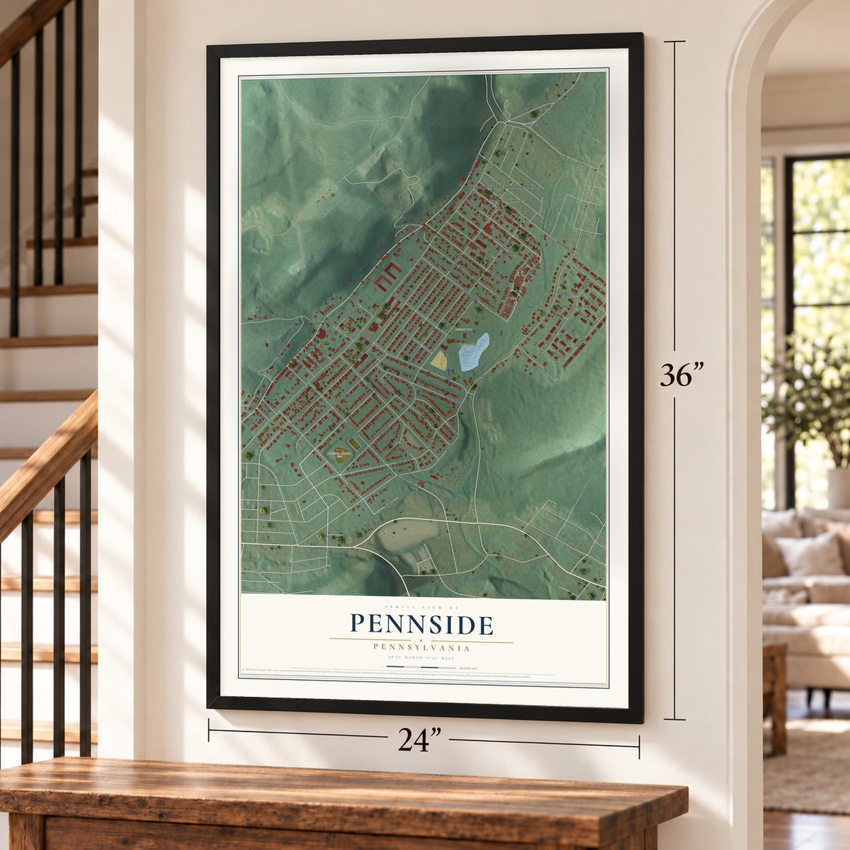 Pennside, Pennsylvania map, 24 x 36 inch print in a black frame by a staircase