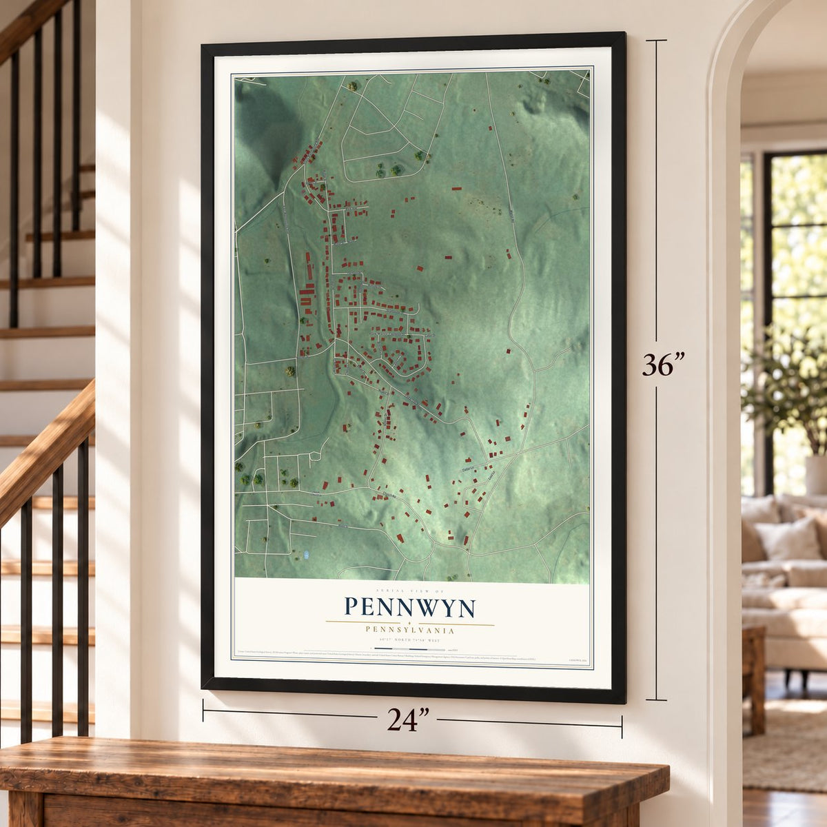Pennwyn, Pennsylvania map, 24 x 36 inch print in a black frame by a staircase
