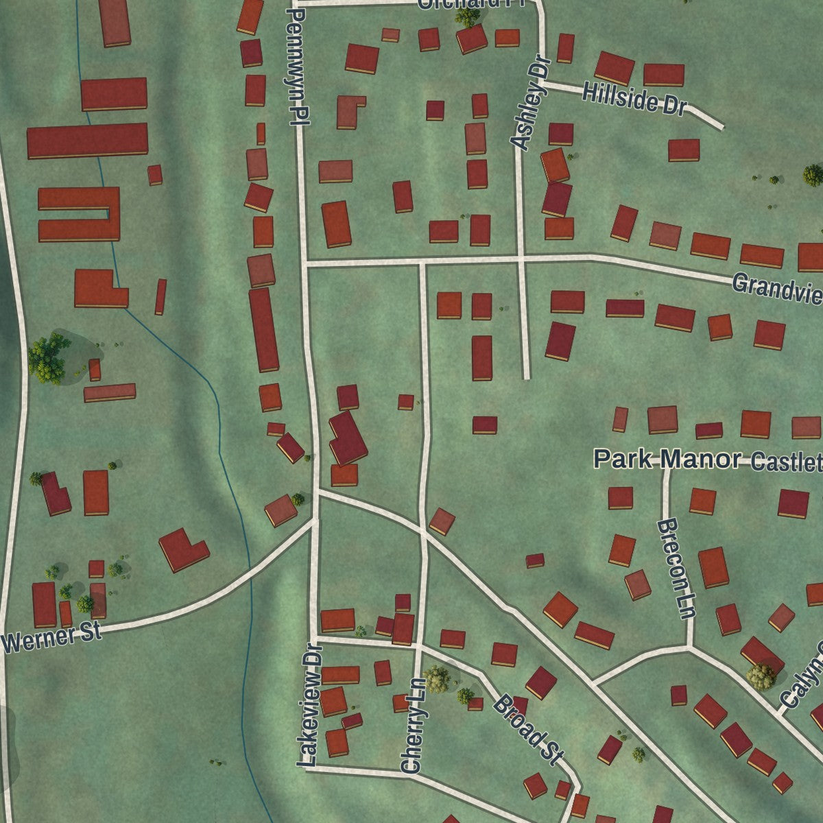 Close-up of the map of Pennwyn, Pennsylvania print showing street and building detail