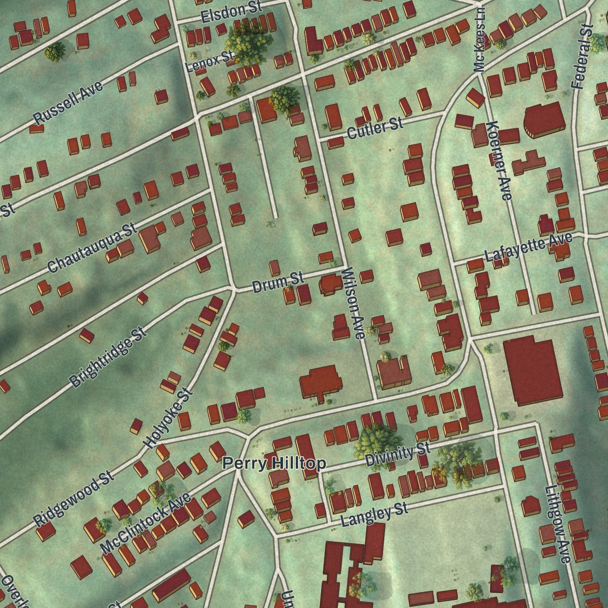 Second close-up of the map of Perry South, Pennsylvania print showing more streets and buildings