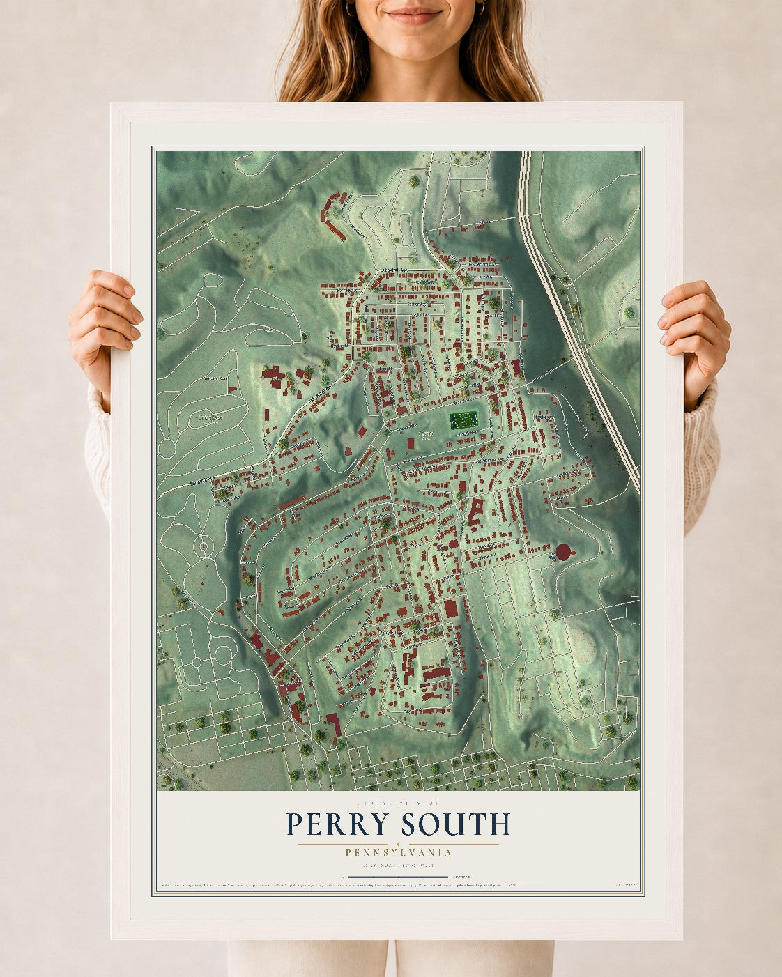 Map of Perry South, Pennsylvania, 24 x 36 inch print in a white wood frame