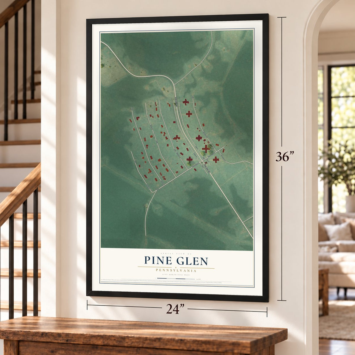 Pine Glen, Pennsylvania map, 24 x 36 inch print in a black frame by a staircase