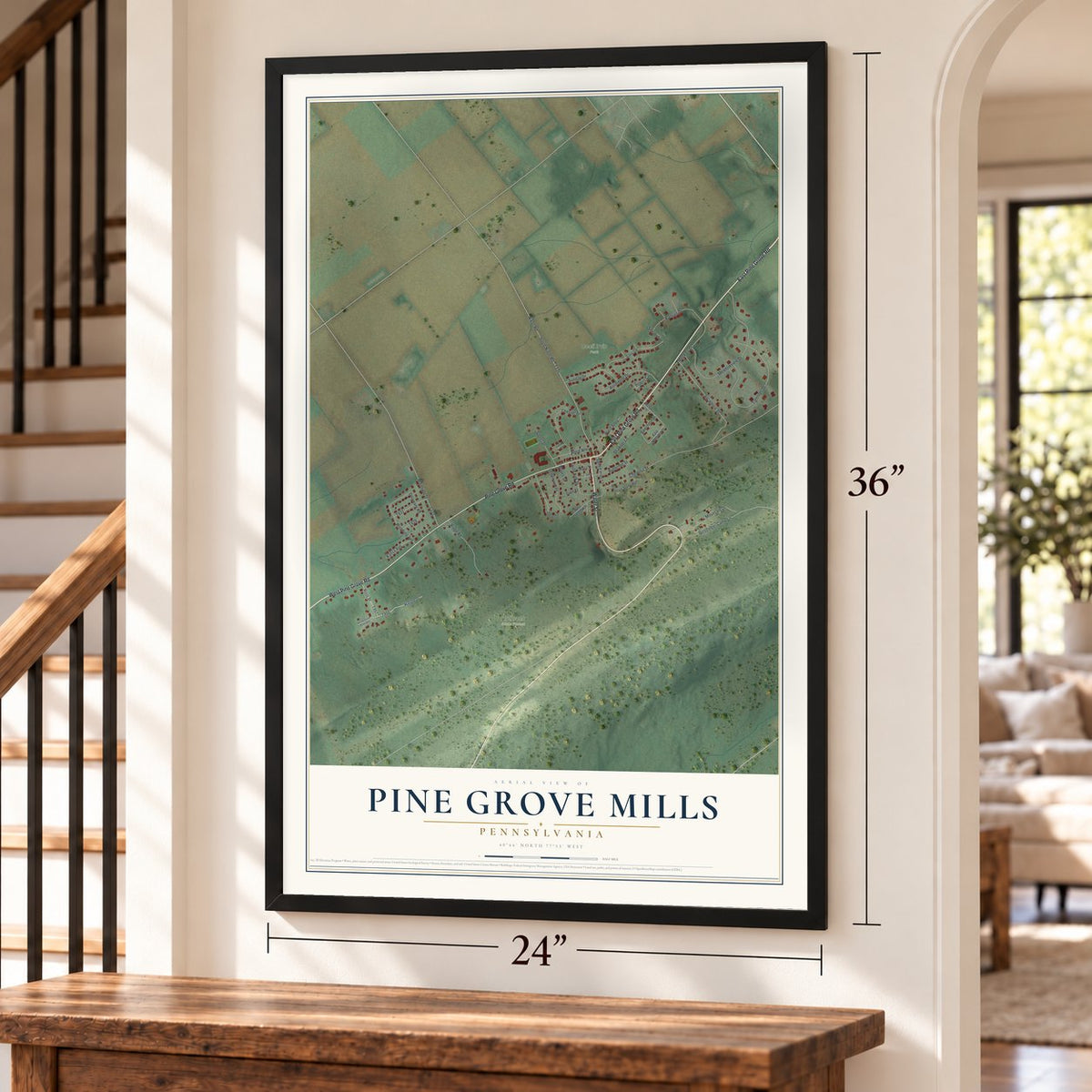 Pine Grove Mills, Pennsylvania map, 24 x 36 inch print in a black frame by a staircase