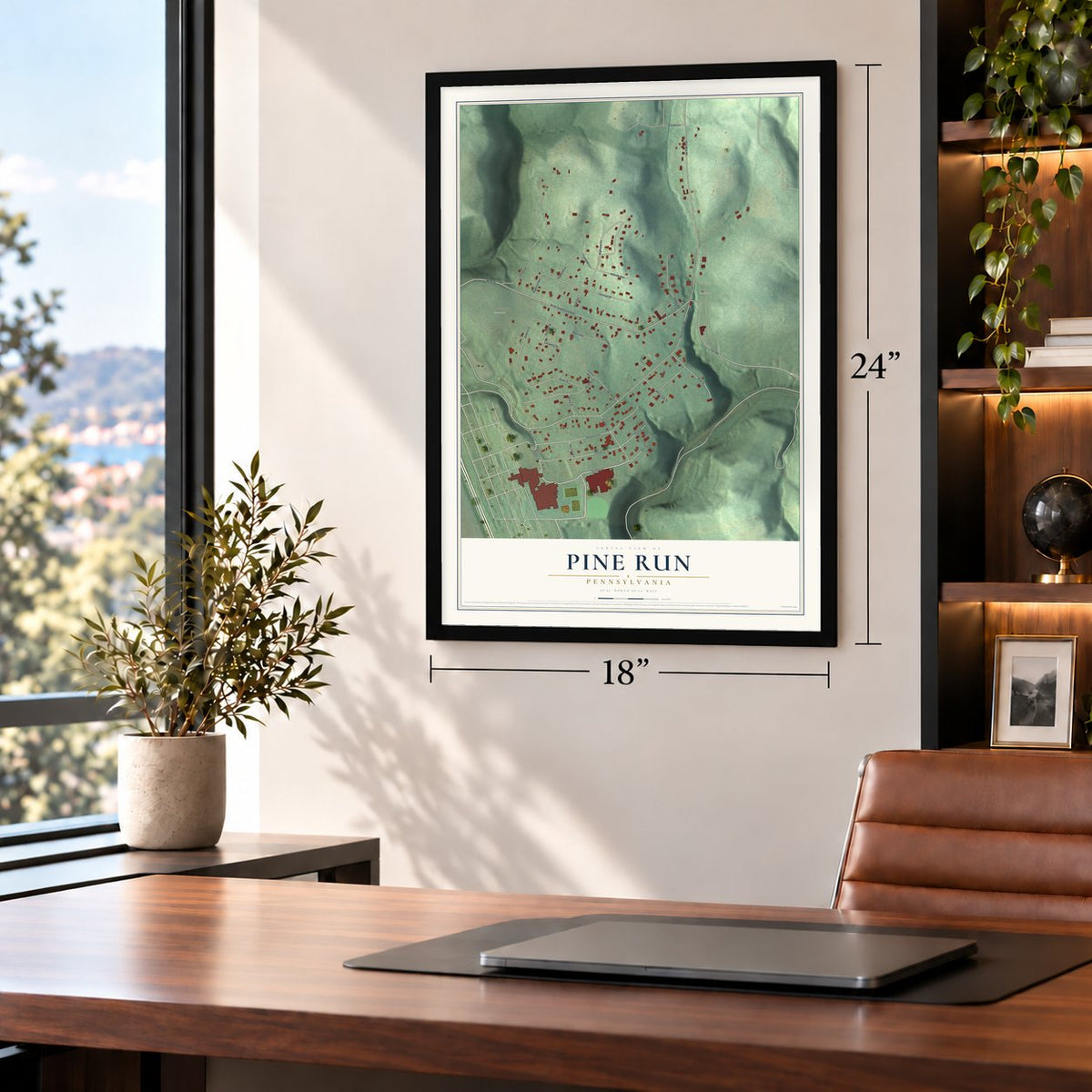 Pine Run, Pennsylvania map, 18 x 24 inch print in a black frame in a home office