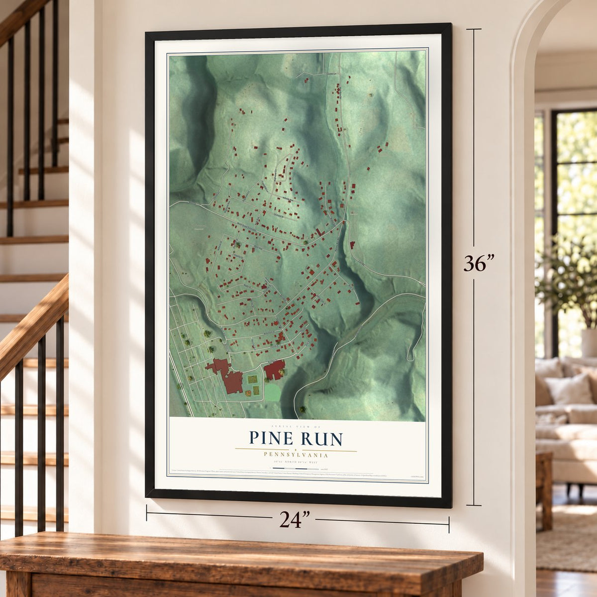 Pine Run, Pennsylvania map, 24 x 36 inch print in a black frame by a staircase