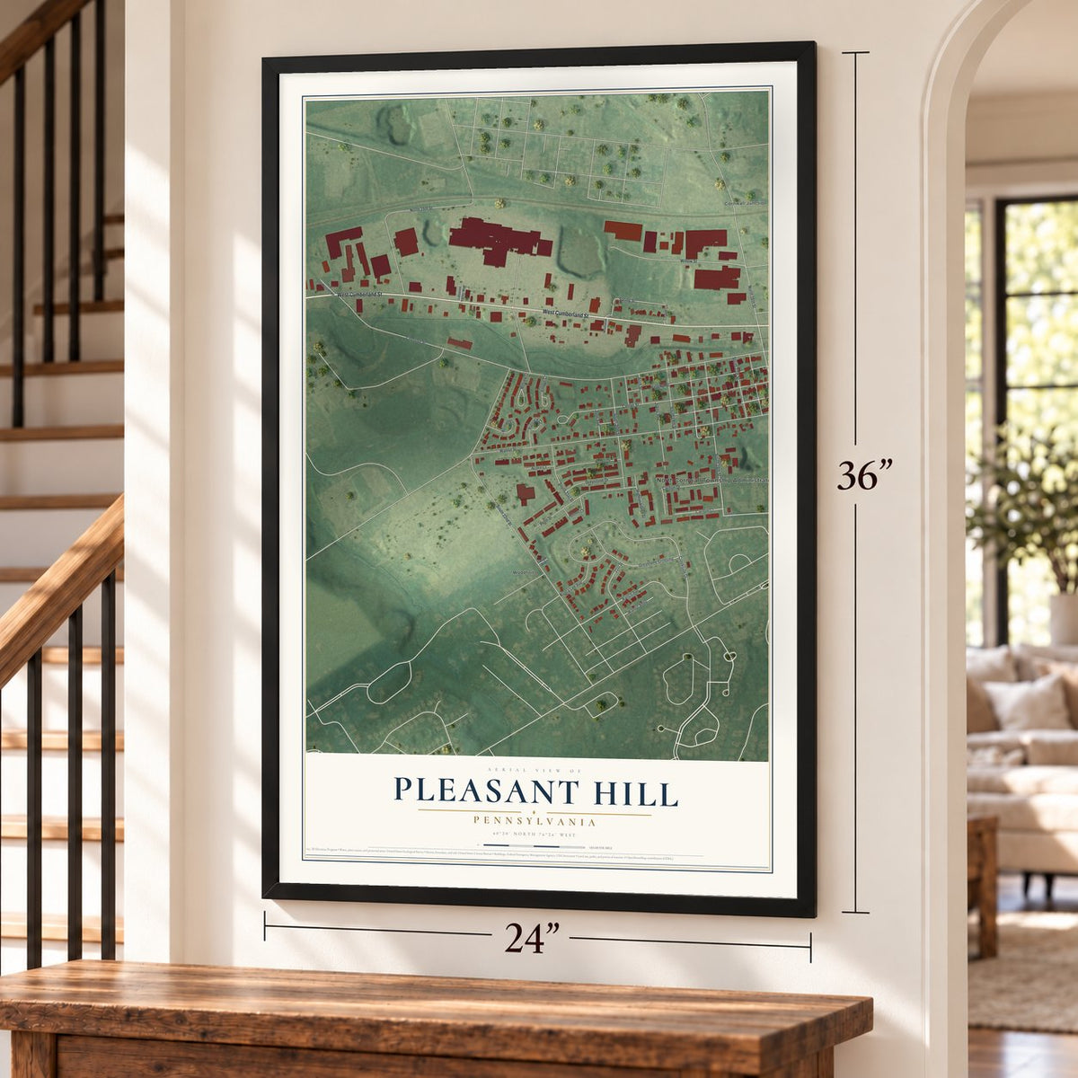 Pleasant Hill, Pennsylvania map, 24 x 36 inch print in a black frame by a staircase