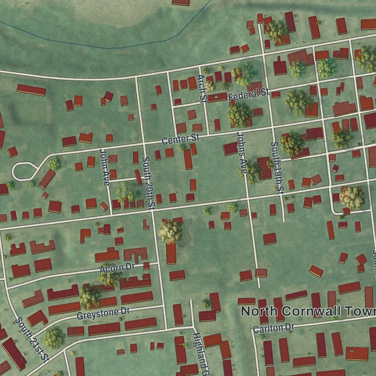 Close-up of the map of Pleasant Hill, Pennsylvania print showing street and building detail