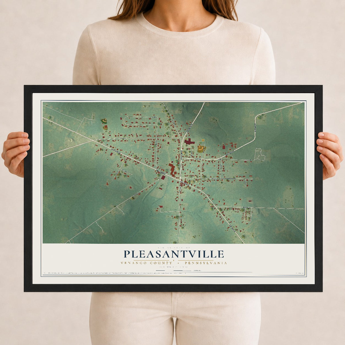 Map of Pleasantville, Venango County, Pennsylvania, 12 x 18 inch print in a black wood frame