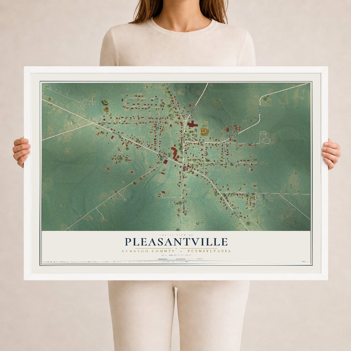 Map of Pleasantville, Venango County, Pennsylvania, 24 x 36 inch print in a white wood frame