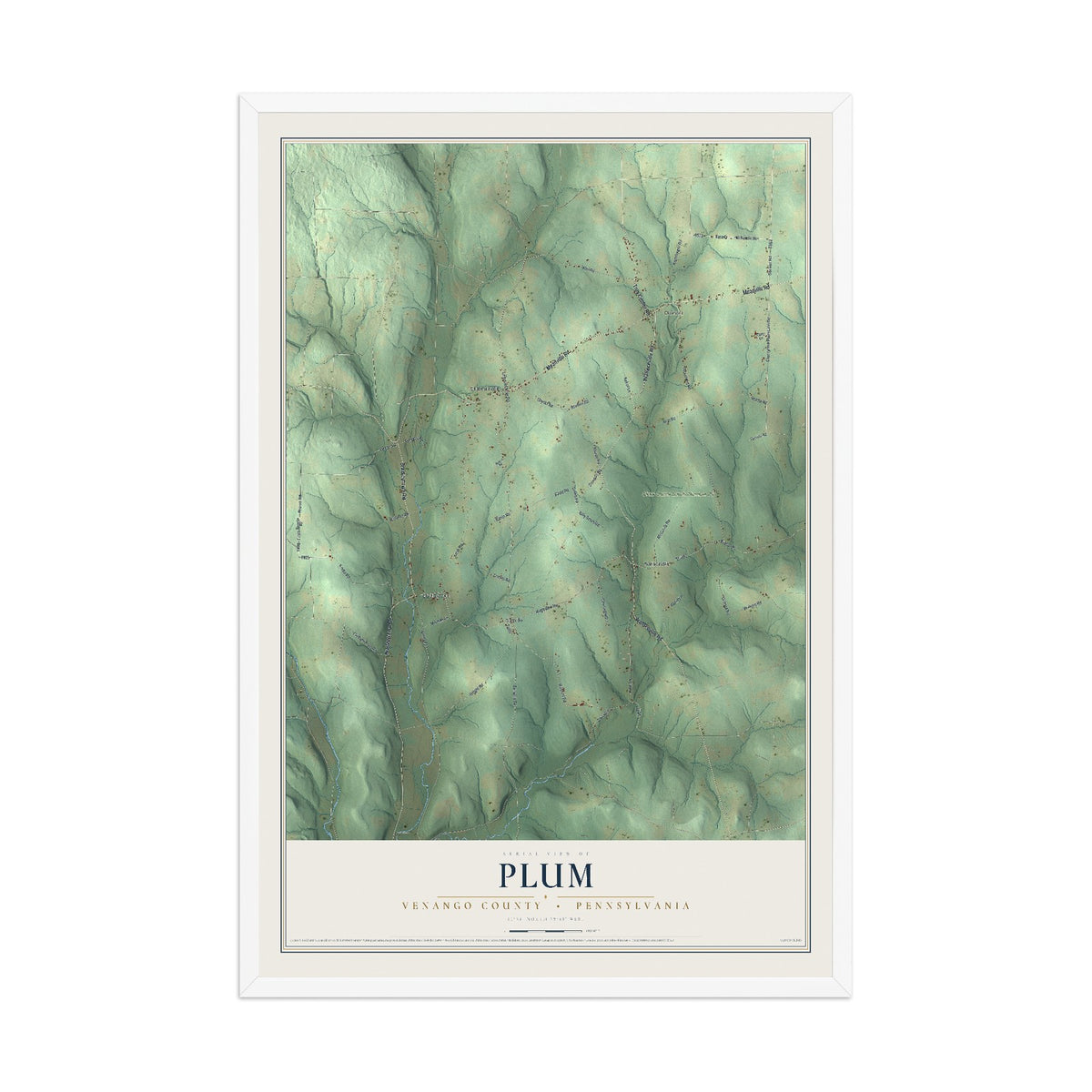 Map of Plum, Venango County, Pennsylvania, 12 x 18 inch print in a white wood frame