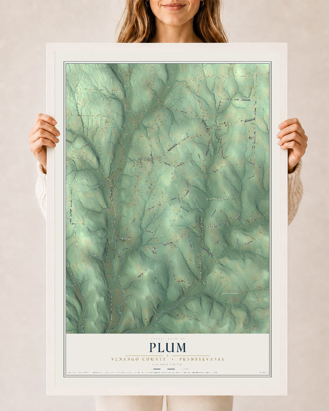 Map of Plum, Venango County, Pennsylvania, 24 x 36 inch print in a white wood frame