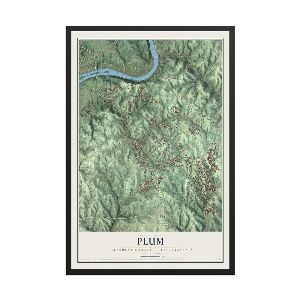 Map of Plum, Allegheny County, Pennsylvania, 12 x 18 inch print in a black wood frame