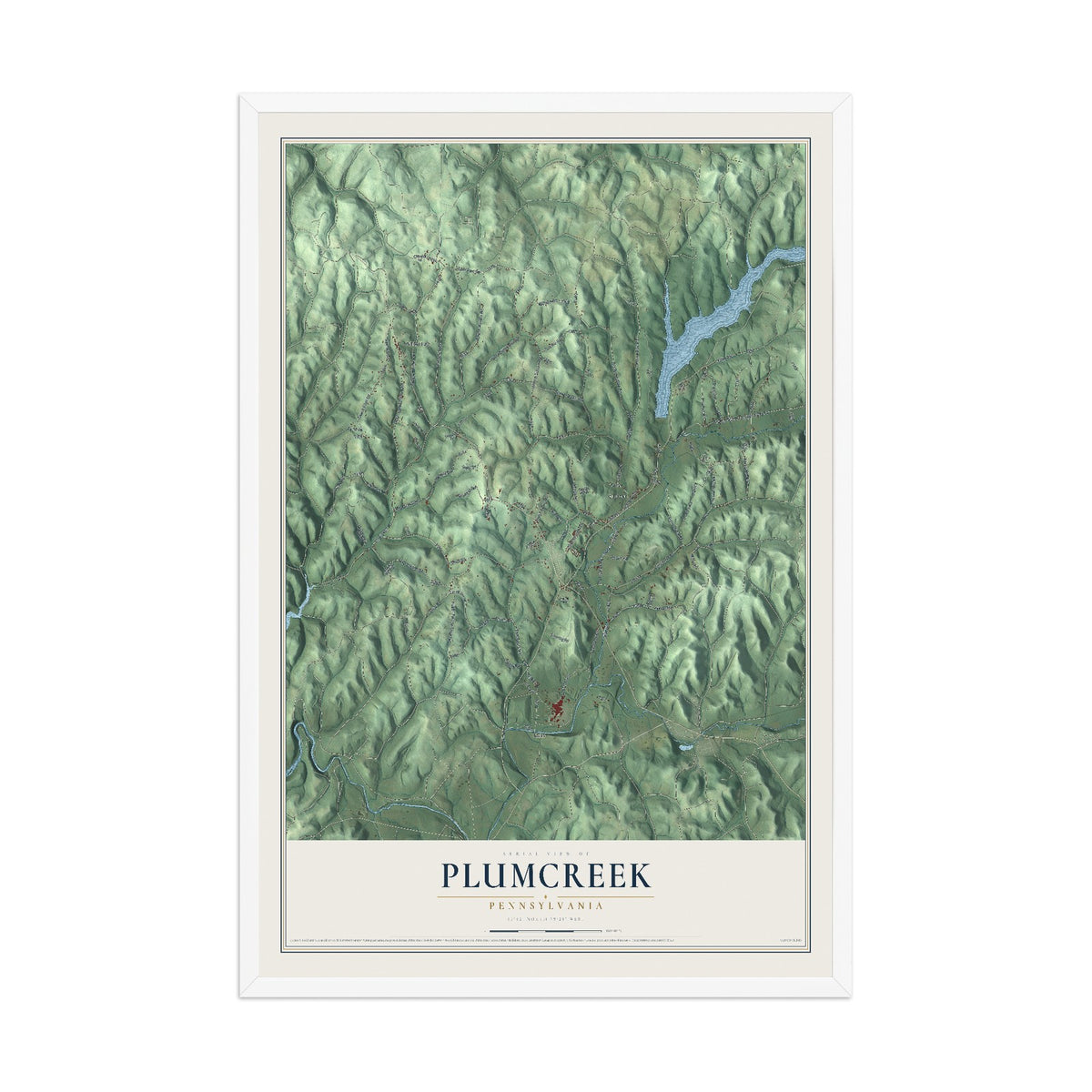 Map of Plumcreek, Pennsylvania, 12 x 18 inch print in a white wood frame