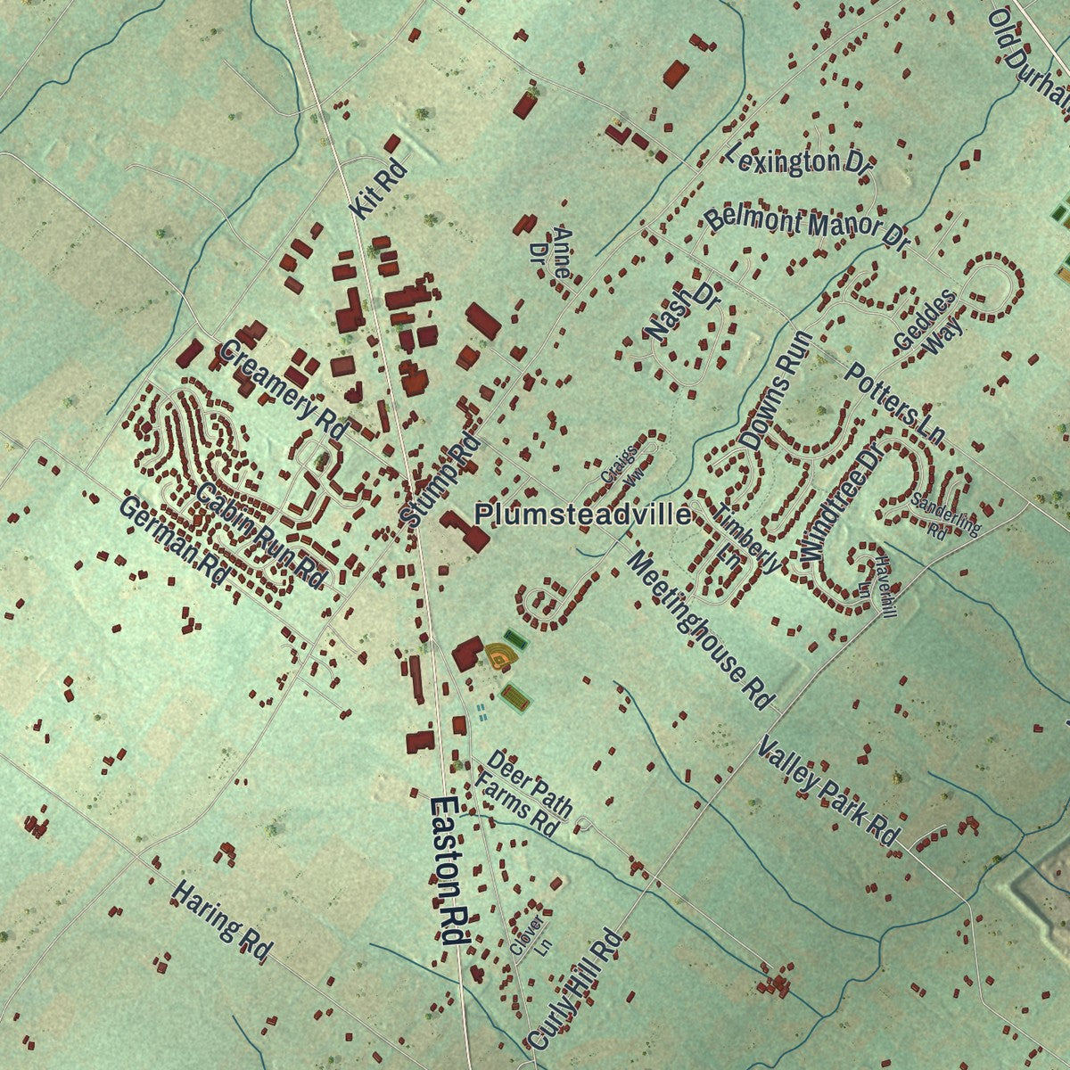 Close-up of the map of Plumstead, Pennsylvania print showing street and building detail
