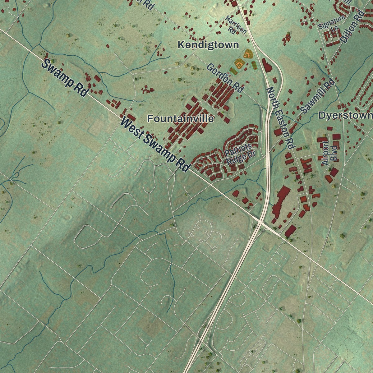 Second close-up of the map of Plumstead, Pennsylvania print showing more streets and buildings