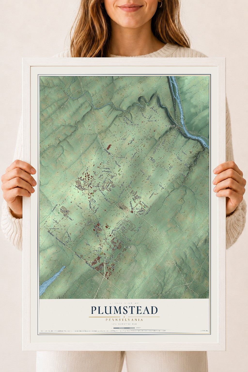 Map of Plumstead, Pennsylvania, 18 x 24 inch print in a white wood frame