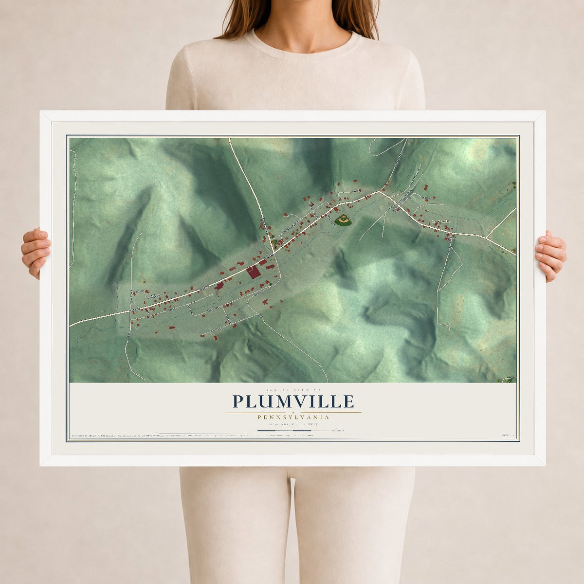 Map of Plumville, Pennsylvania, 24 x 36 inch print in a white wood frame