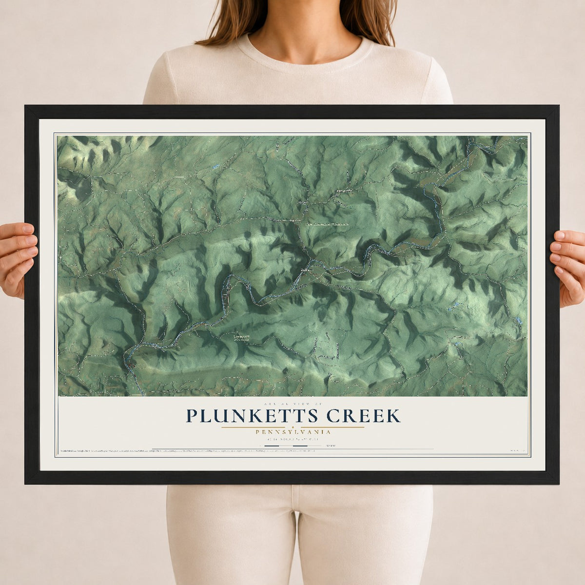 Map of Plunketts Creek, Pennsylvania, 18 x 24 inch print in a black wood frame
