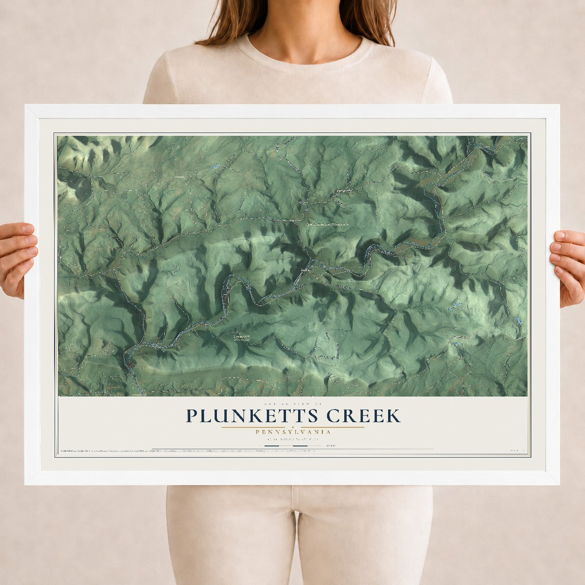 Map of Plunketts Creek, Pennsylvania, 18 x 24 inch print in a white wood frame