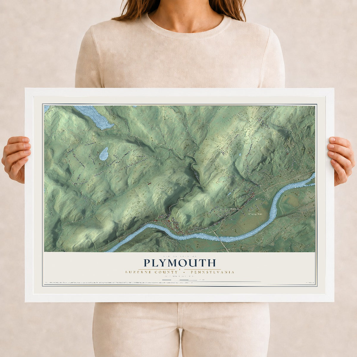 Map of Plymouth, Luzerne County, Pennsylvania, 12 x 18 inch print in a white wood frame