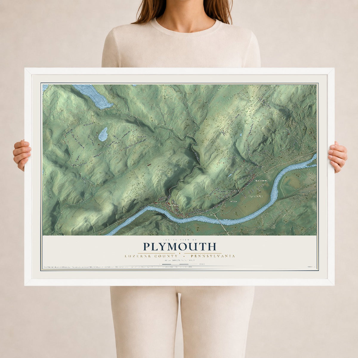 Map of Plymouth, Luzerne County, Pennsylvania, 24 x 36 inch print in a white wood frame