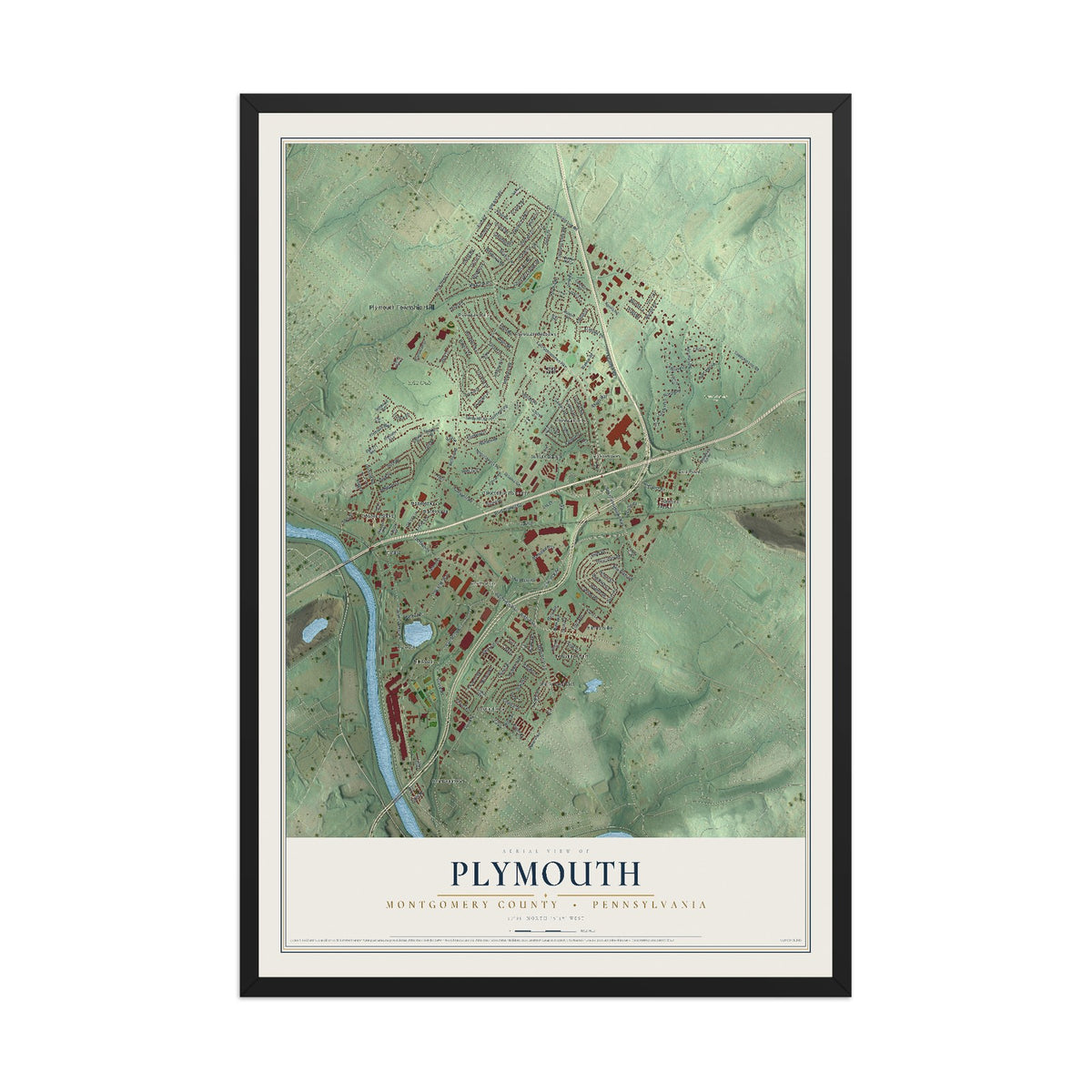 Map of Plymouth, Montgomery County, Pennsylvania, 12 x 18 inch print in a black wood frame