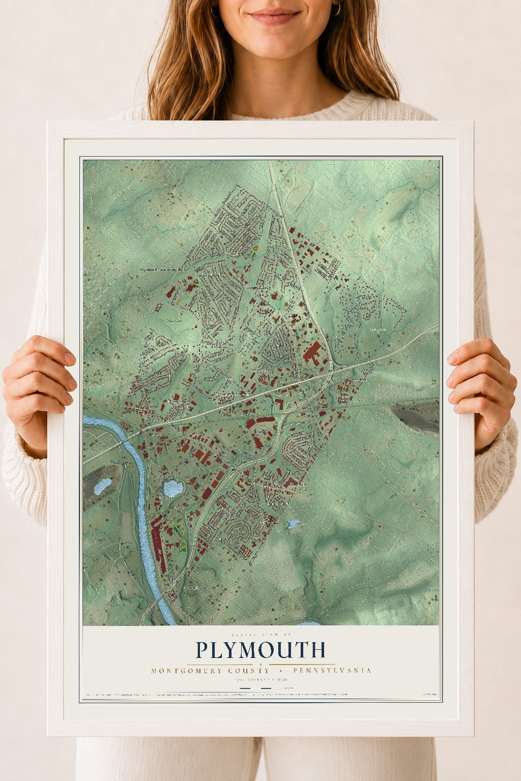 Map of Plymouth, Montgomery County, Pennsylvania, 18 x 24 inch print in a white wood frame