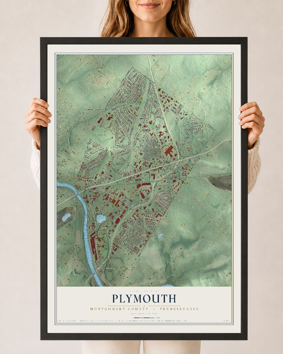 Map of Plymouth, Montgomery County, Pennsylvania, 24 x 36 inch print in a black wood frame