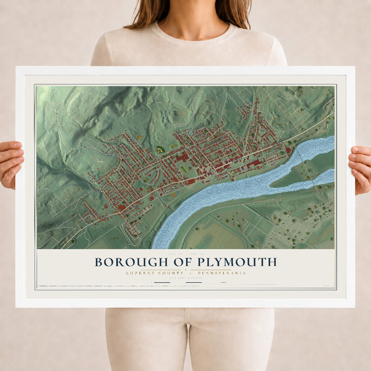 Map of the Borough of Plymouth, Luzerne County, Pennsylvania, 18 x 24 inch print in a white wood frame
