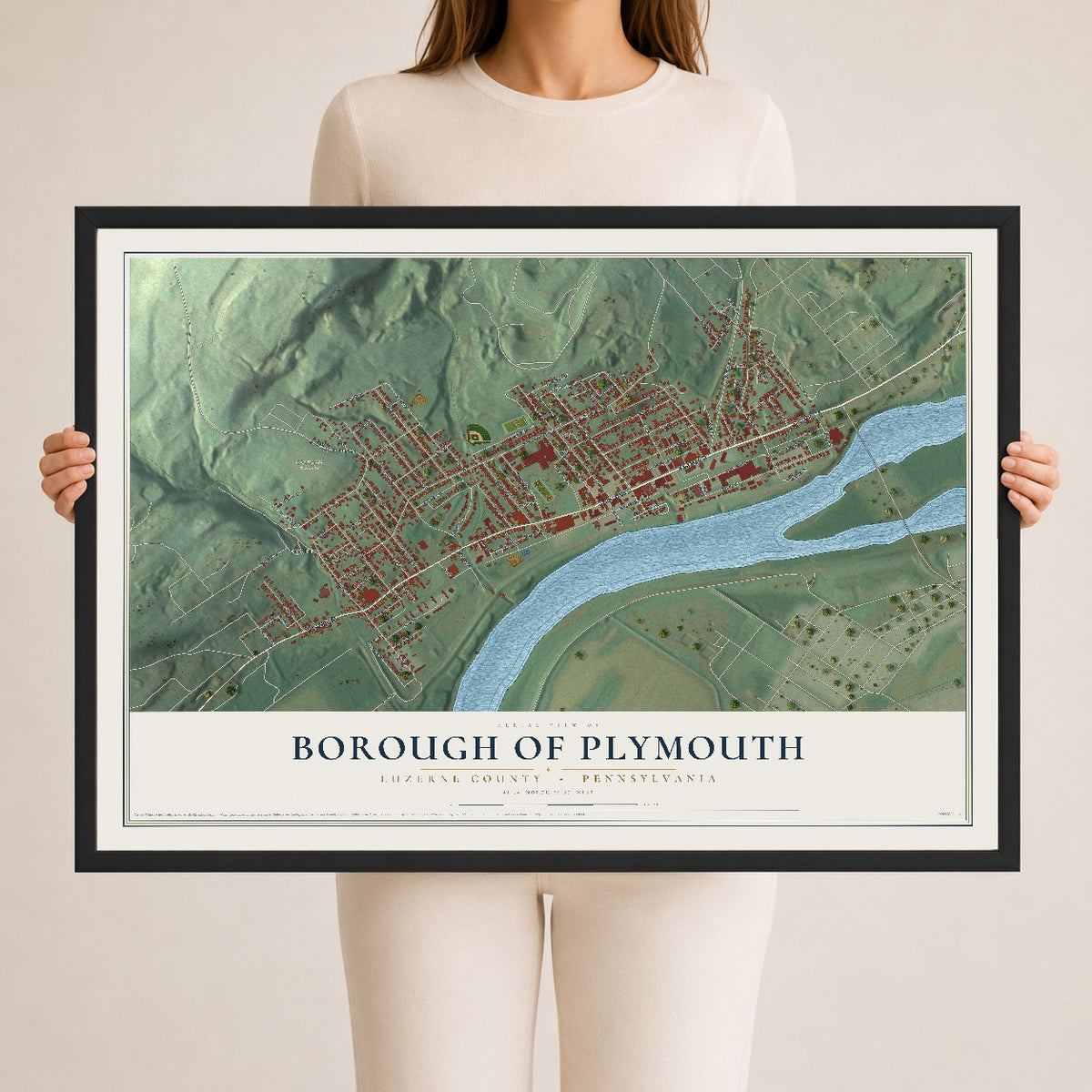 Map of the Borough of Plymouth, Luzerne County, Pennsylvania, 24 x 36 inch print in a black wood frame