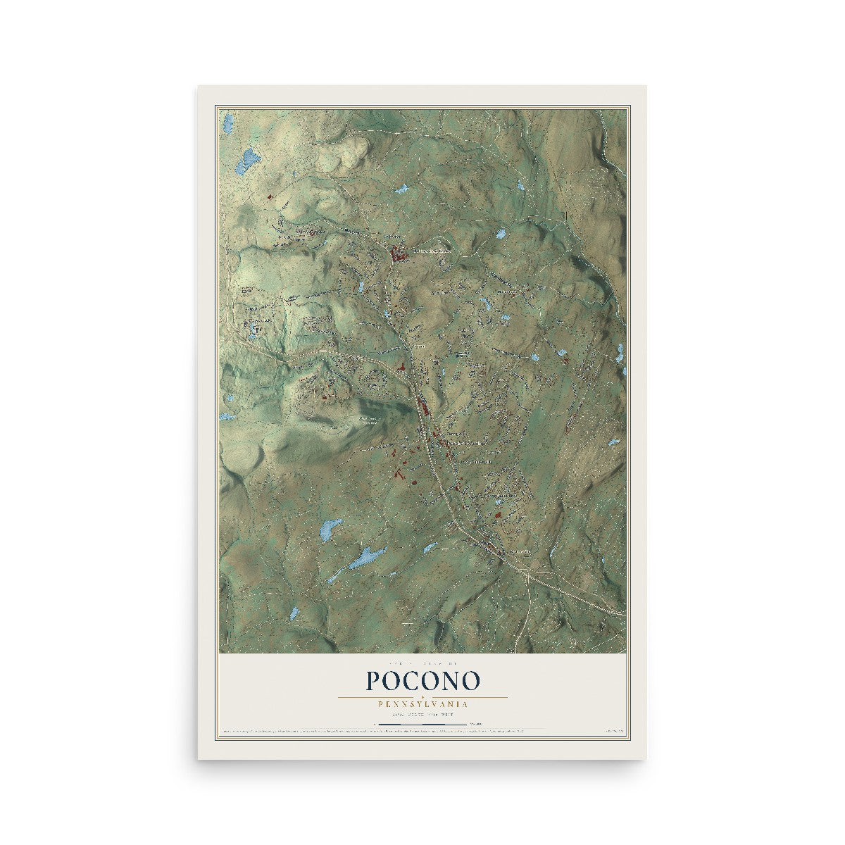 Map of Pocono, Pennsylvania, 12 x 18 inch unframed archival matte print
