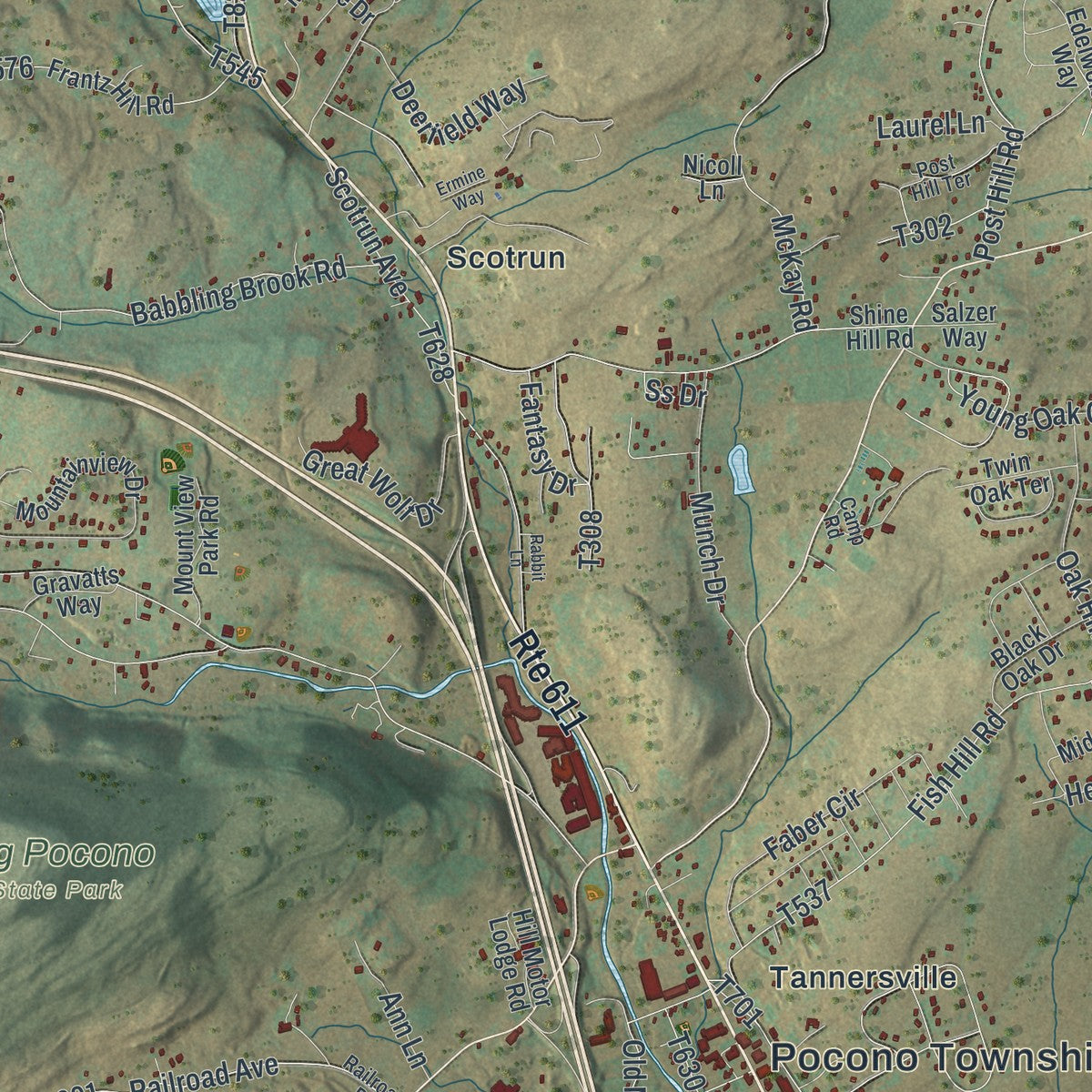 Second close-up of the map of Pocono, Pennsylvania print showing more streets and buildings