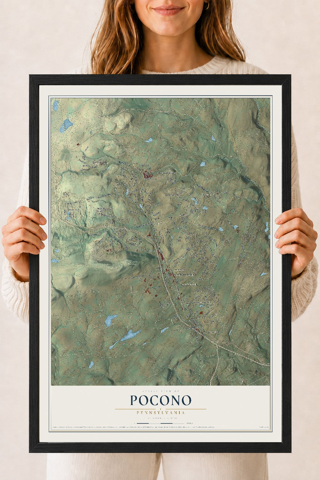 Map of Pocono, Pennsylvania, 18 x 24 inch print in a black wood frame