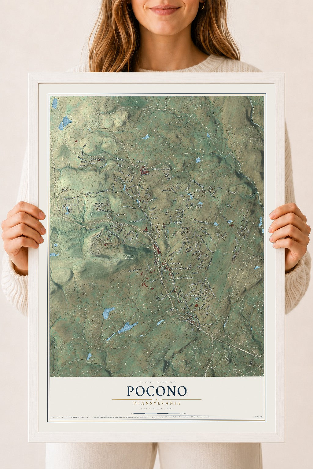 Map of Pocono, Pennsylvania, 18 x 24 inch print in a white wood frame