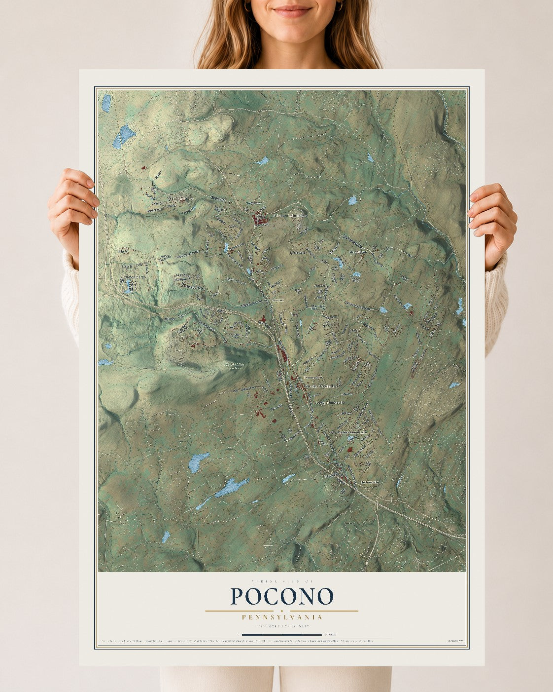 Map of Pocono, Pennsylvania, 24 x 36 inch unframed archival matte print