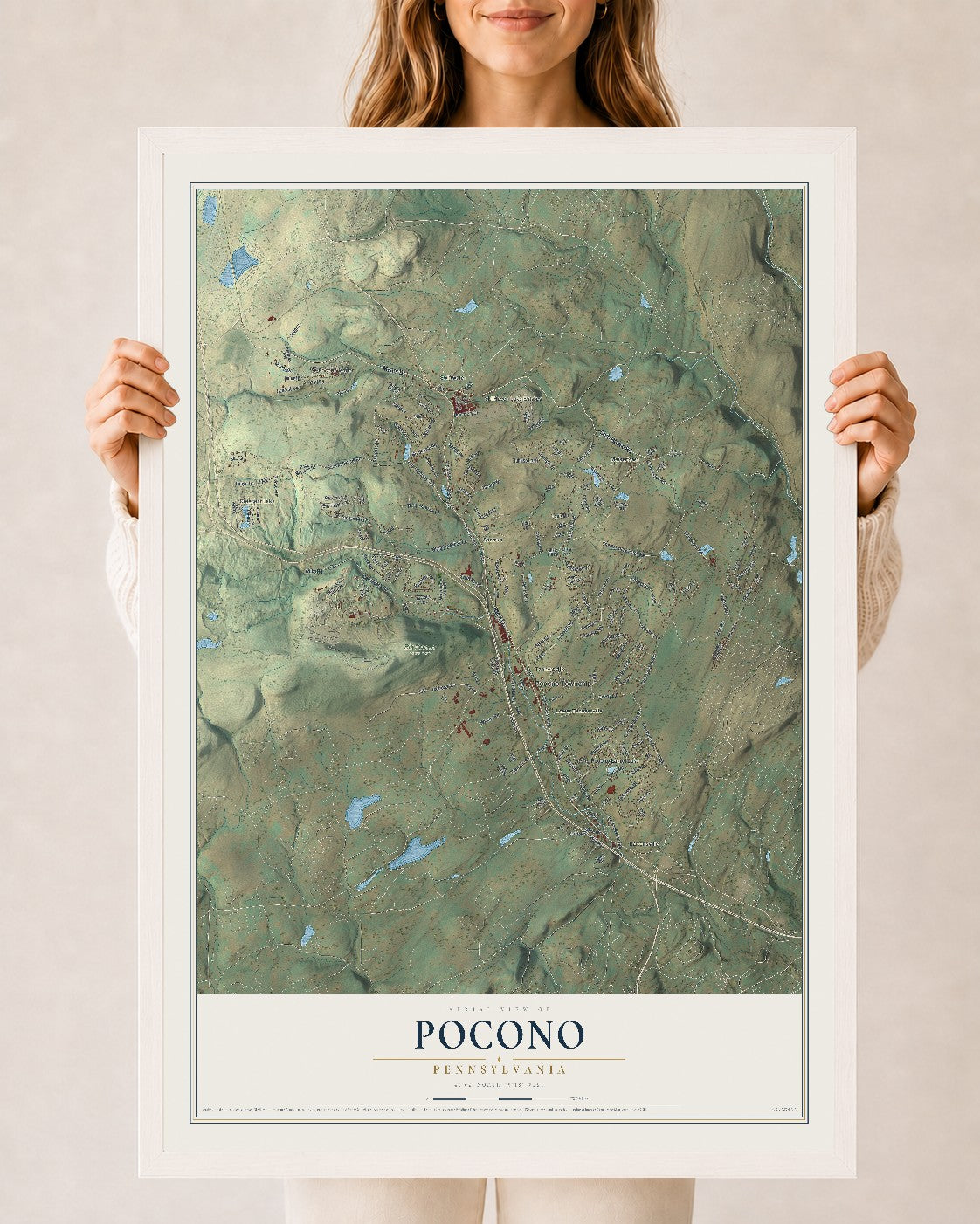 Map of Pocono, Pennsylvania, 24 x 36 inch print in a white wood frame