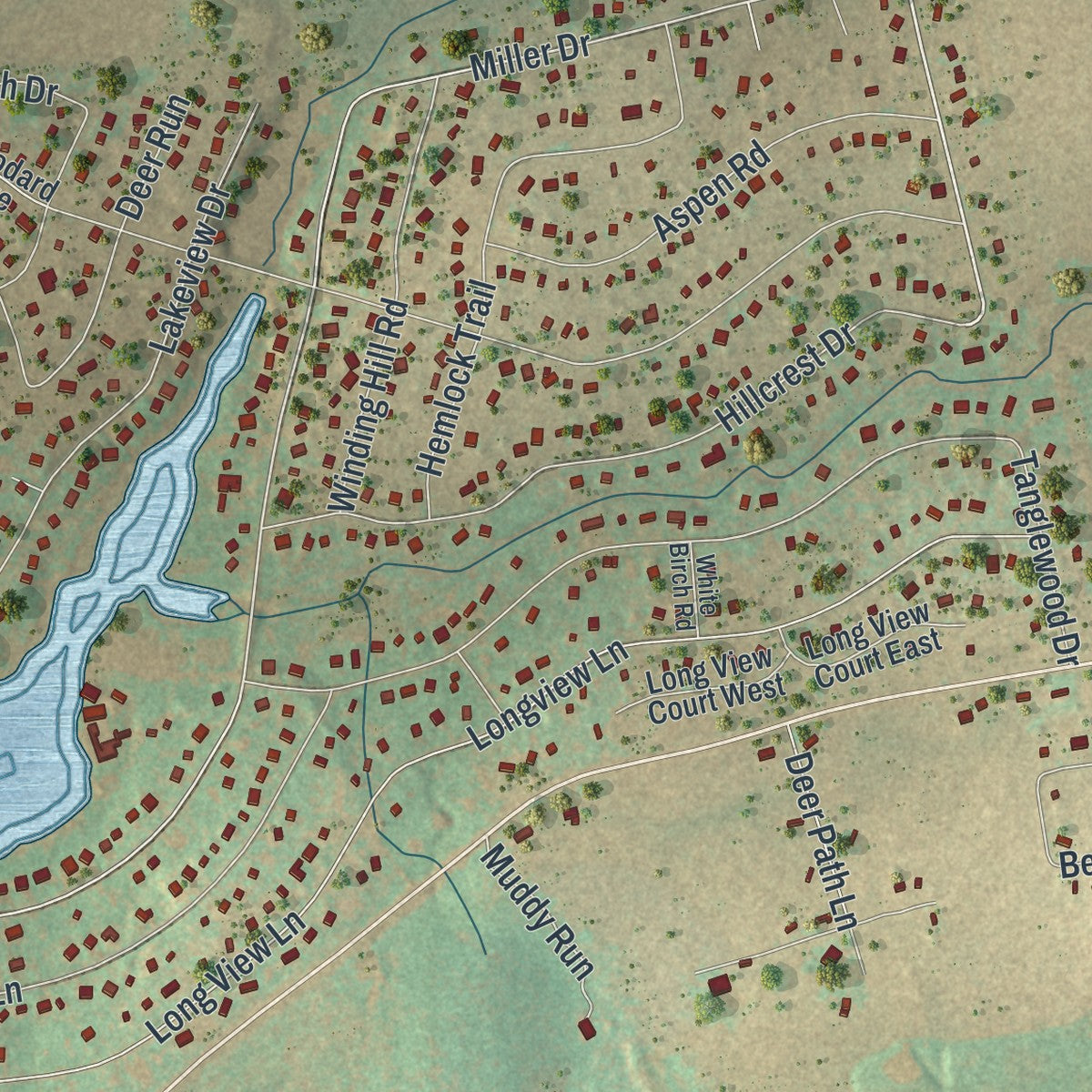 Close-up of the map of Pocono Pines, Pennsylvania print showing street and building detail